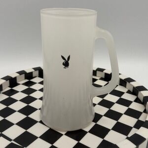 Playboy Club Black Bunny Logo White Beer Glass Mug Handled 6 1/4" Tall 14oz